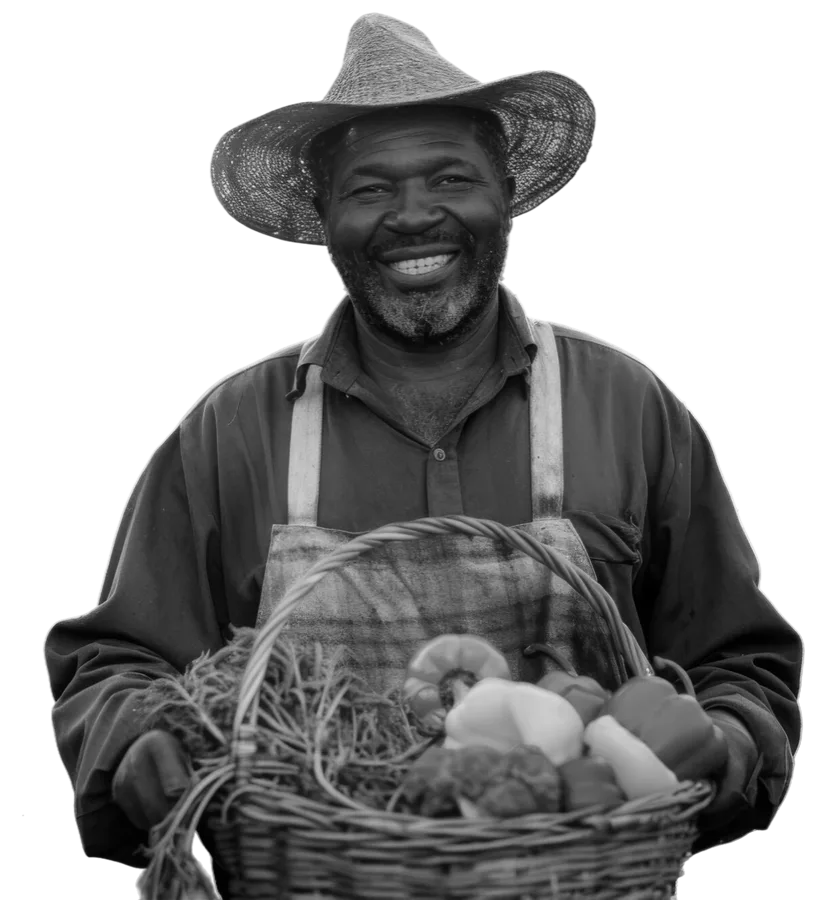 A smiling farmer holding a basket of vegetables